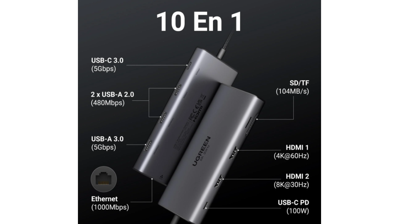 UGREEN Revodok Pro 210 Hub USB-C 10-en-1 (double HDMI 4K 60 Hz, 100 W PD)